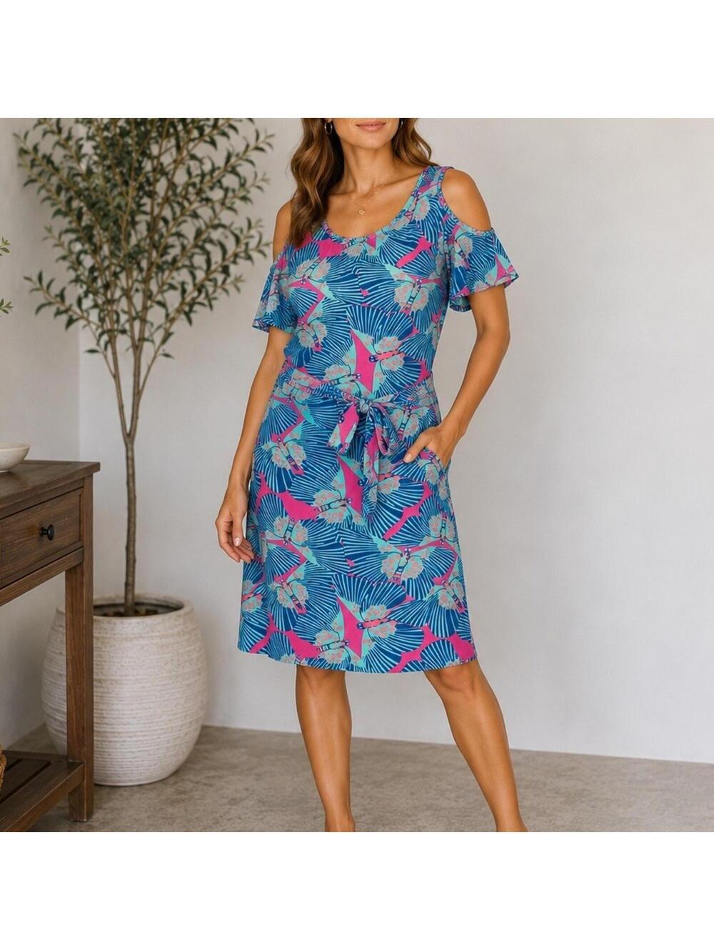 Tracy Negoshian Tropical Floral Dress Womens Medium Belted Resort Beach Dress